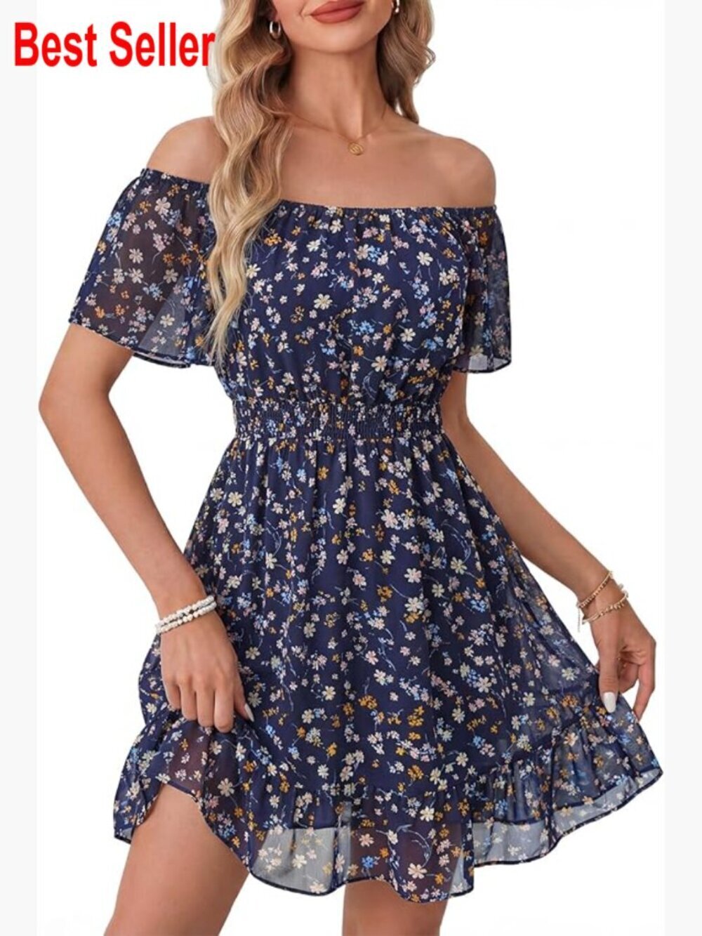 Chiffon Summer Dress with Ruffle Sleeves and Elastic Waist